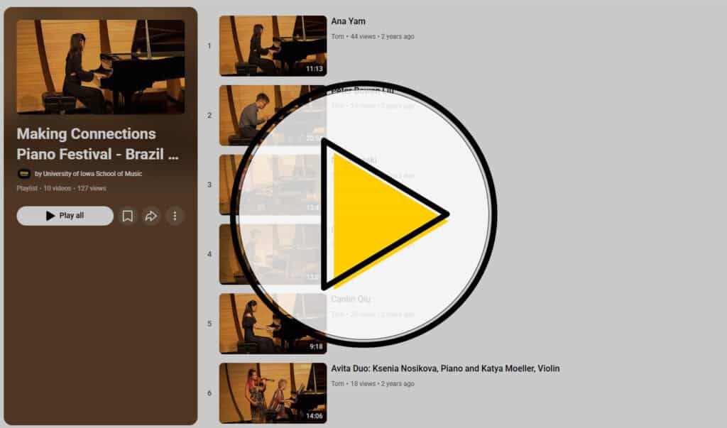 A play button hovers over a YouTube playlist of music performance videos