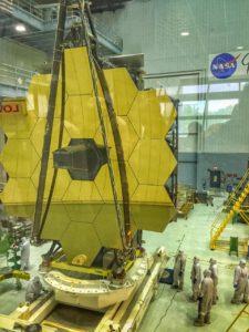A rare view of the James Webb Space Telescope face-on, from the NASA Goddard cleanroom observation window.