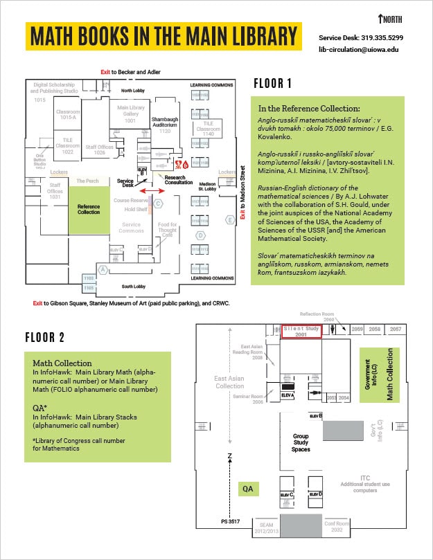 Map of floors 1 and 2 of the main library with math books indicated.