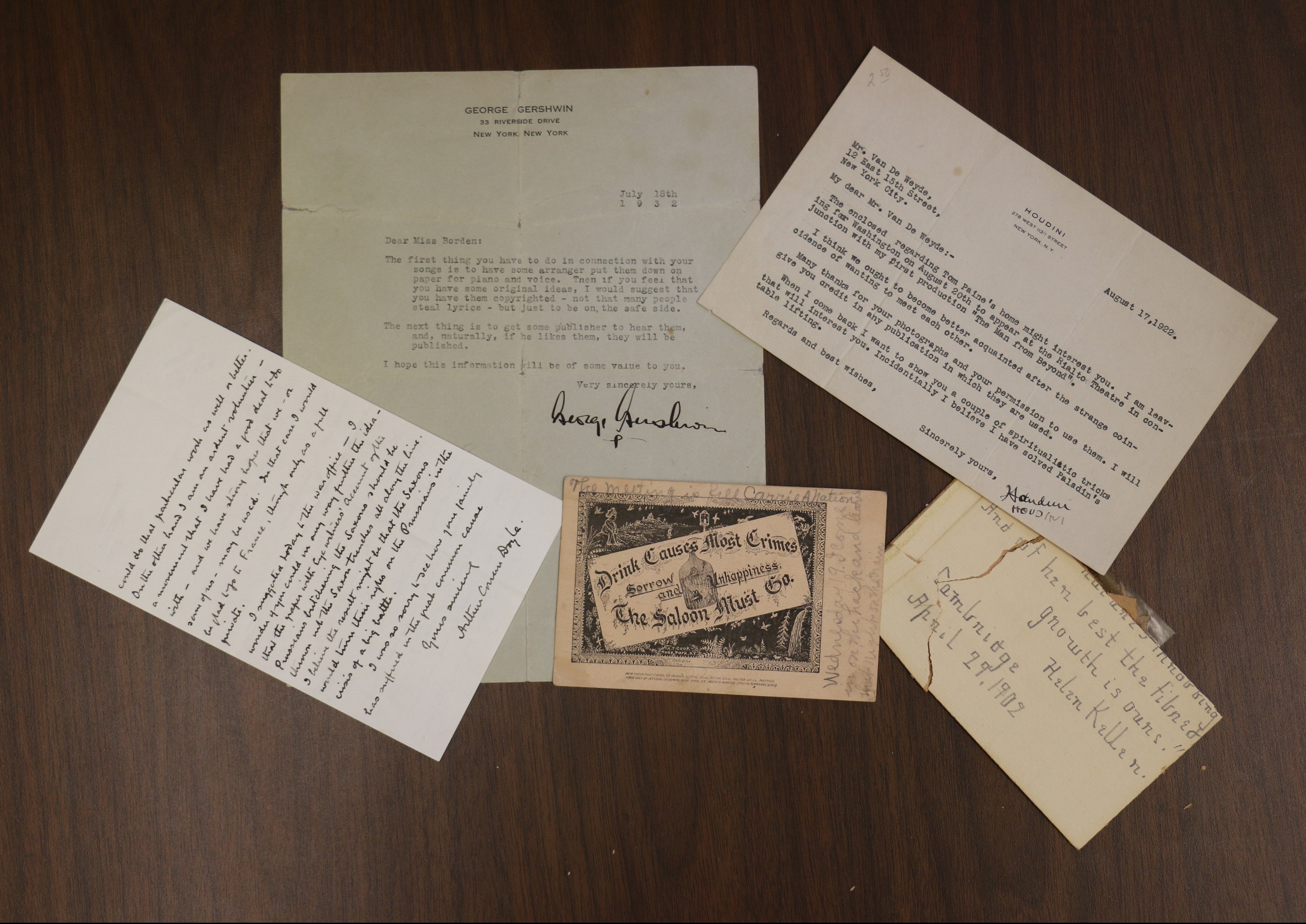 signatures for Arthur Conan Doyle, George Gershwin, Harry Houdini, Helen Keller, and Carrie Nation.