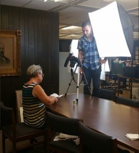 Behind the scenes filming a video with Emily Martin from the Center for the Book