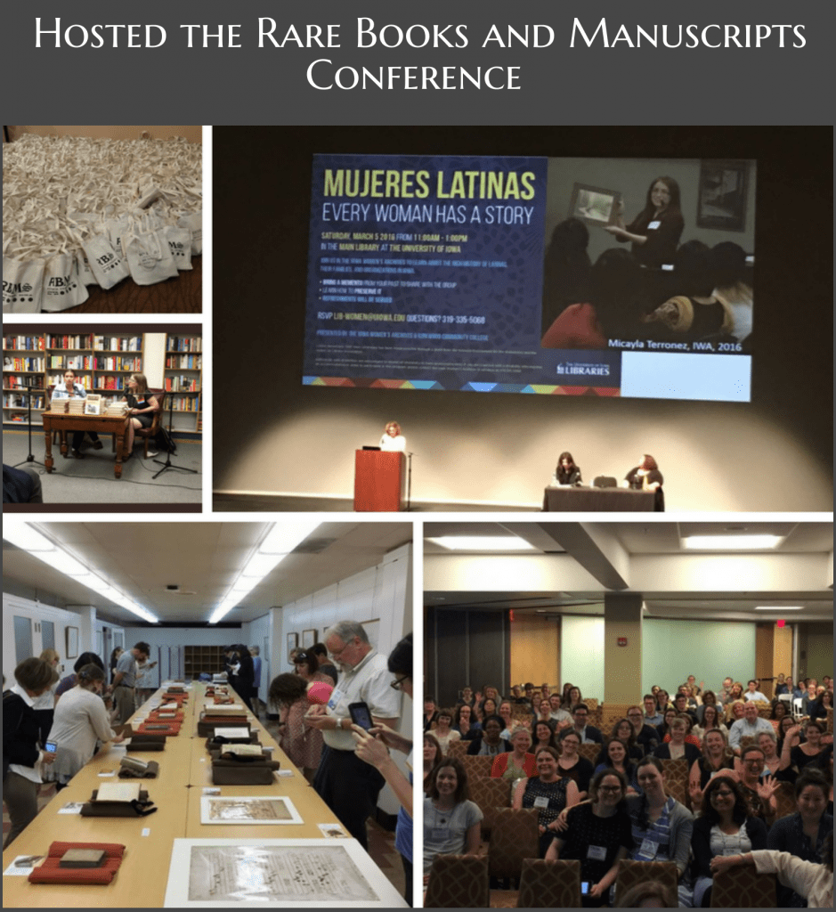 Photos of the RBMS conference including a pile of tote bags, Janet Weaver presenting at Hancher, an Instagram meetup, and the crowd at the closing plenary.