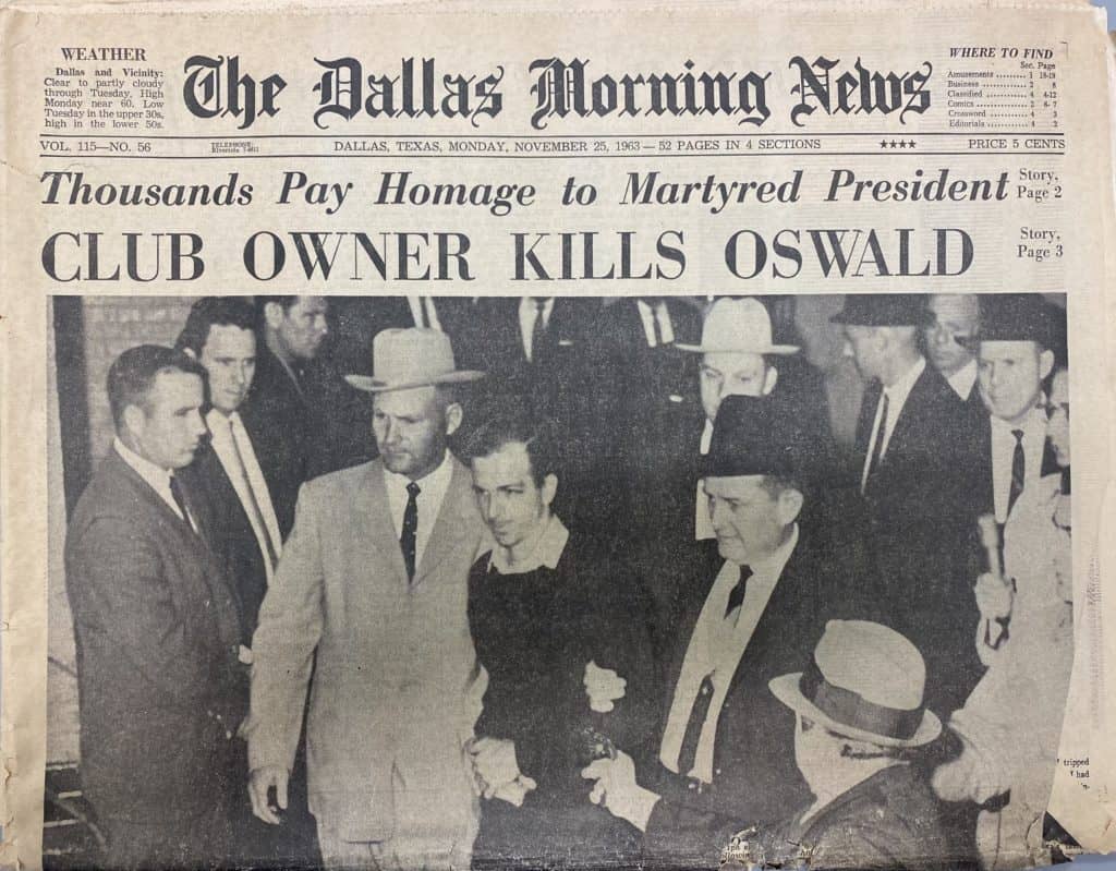 Newspaper headline reading "Club Owner kills Oswald"
