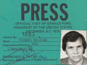 green card with black and white photo of Brokaw and large black word "Press" at top