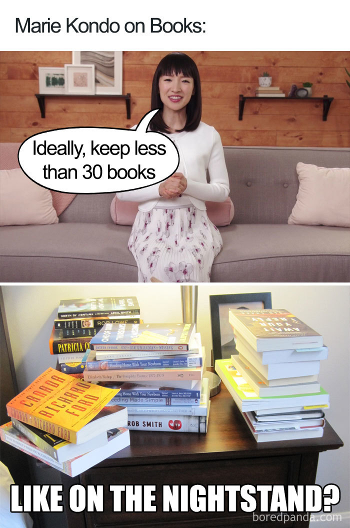 Top image: Marie Konda says to keep 30 booksBottom image: A pile of books with the caption, 