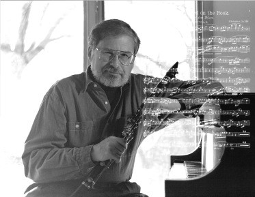 White and black photo of Kerber at piano holding a clarinet, white music notation overlays image
