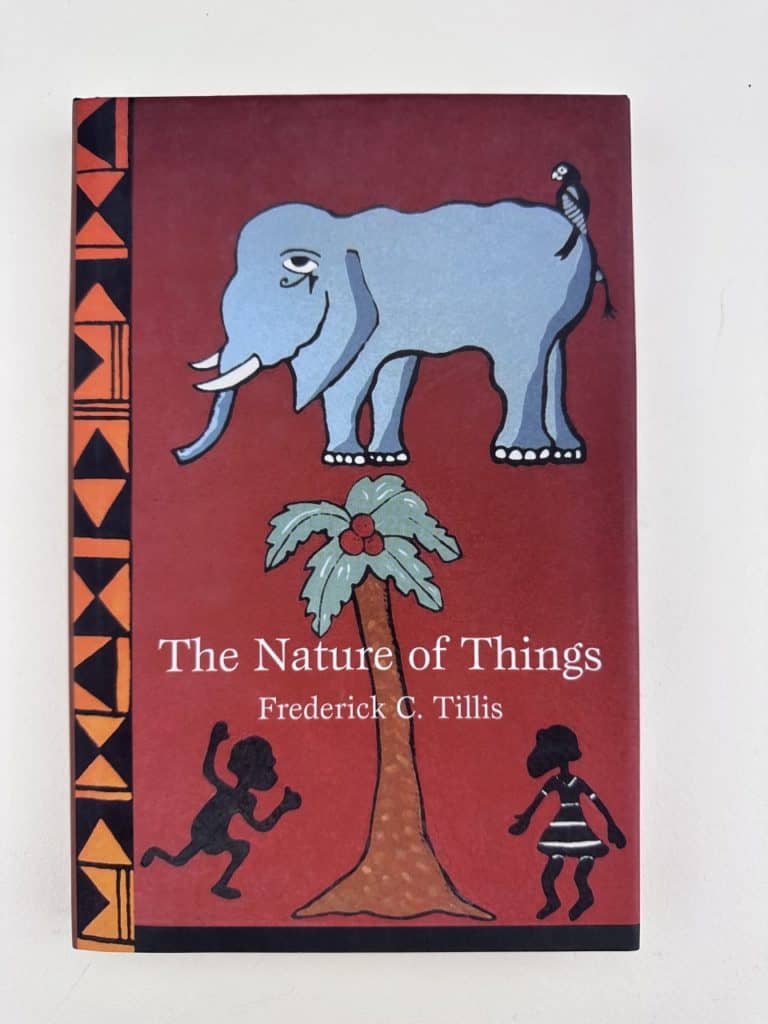 Red cover of book with elephant and bird, palm tree and two people next to tree