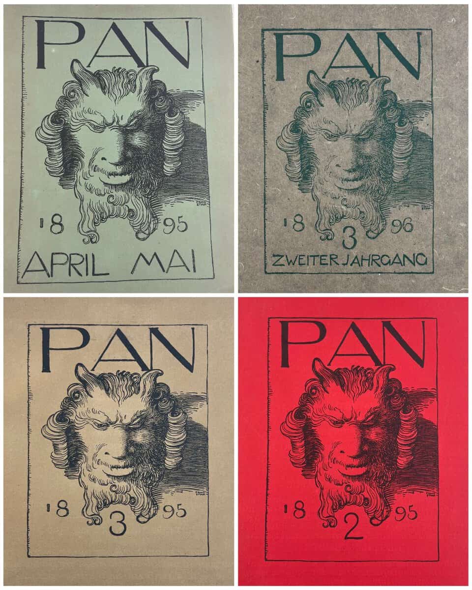 Various colored paper covers of PAN Magazine, all featuring a close up look at the god Pan