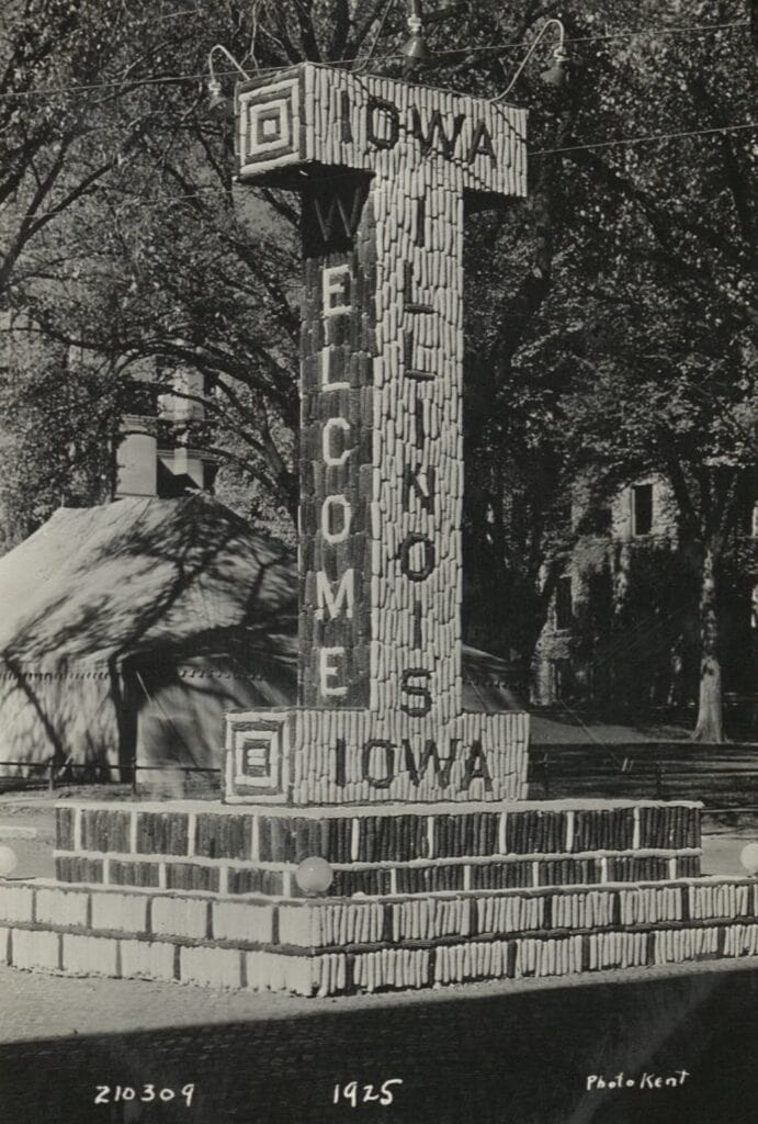 Black and white photos of Iowa monuments made of corn cobs and kernels