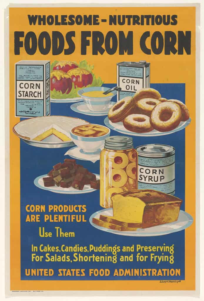 Brightly colored advertisement for corn, featuring boxes of corn starch and food made with corn starch