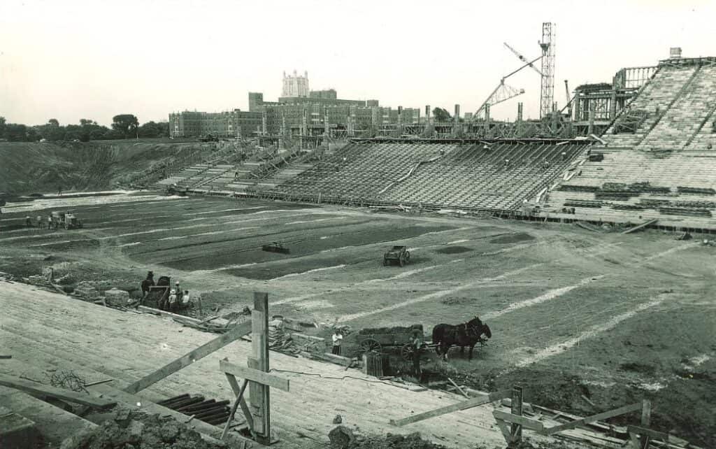 Construction of new stadium in 1929 with horses pulling carts
