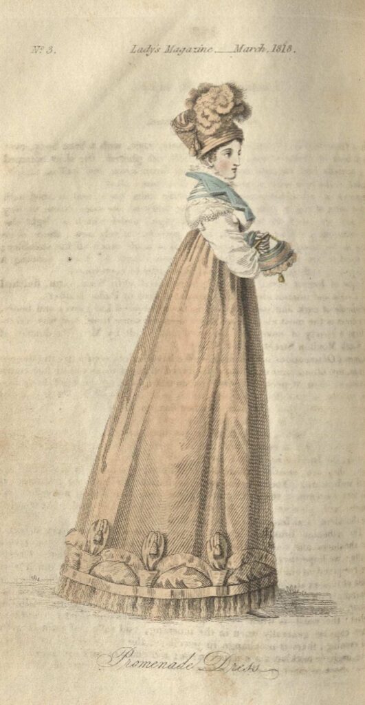 Drawing of woman wearing Regency-era promenade dress in cream and blue. Floral hat included