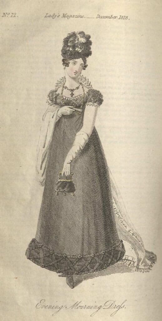 Drawing of Regency-era mourning dress, black with lace details and small purse. Hair up in elaborate braids.