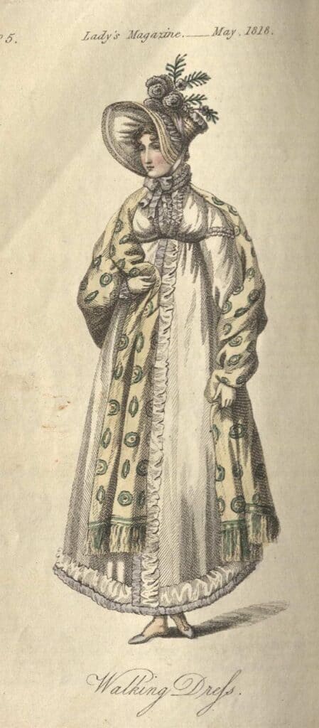 Drawing of woman in Regency-era walking dress, white muslin with yellow scarf draped across shoulders. Bonnet with feathers included. 