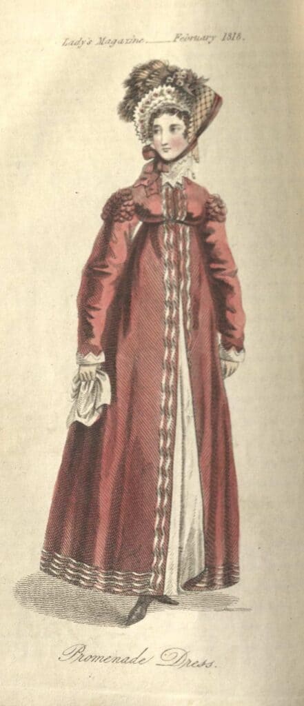 Drawing of woman in Regency-era red satin coat and bonnet