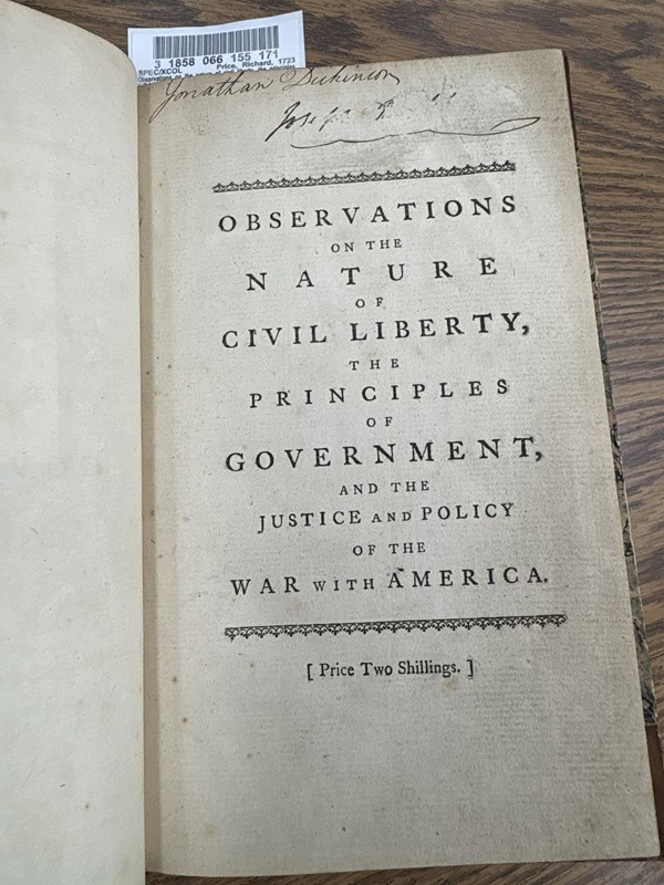 Title page of book "Observations on the Nature of Civil Liberty"