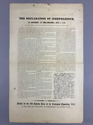 Front cover of a replication of the Declaration of Independence