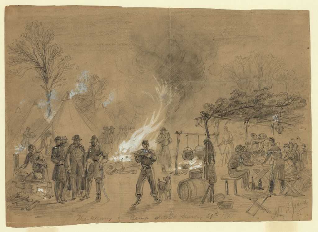 Thanksgiving in camp by Alfred R. Waud, Nov. 28, 1861 | Morgan Collection of Civil War Drawings, Library of Congress Prints and Photographs Division