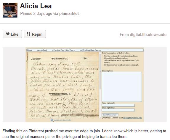 Pinterest entry on Civil War crowdsourcing transcription