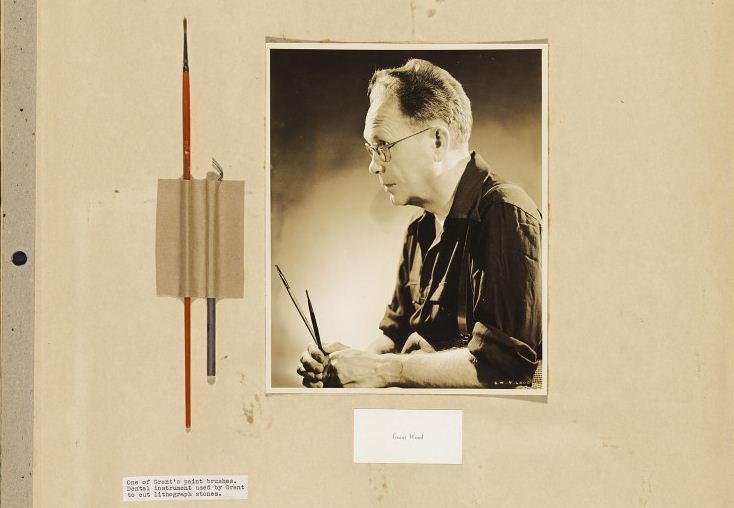 Grant Wood portrait with brush and dental instrument used for painting, 1940s | Figge Art Museum Grant Wood Digital Collection