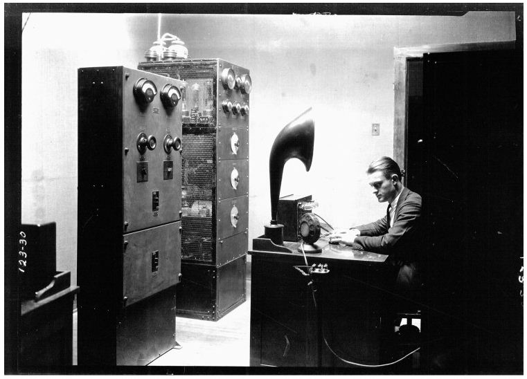 Carl Menzer broadcasting at the University of Iowa, ca. 1925-1930 