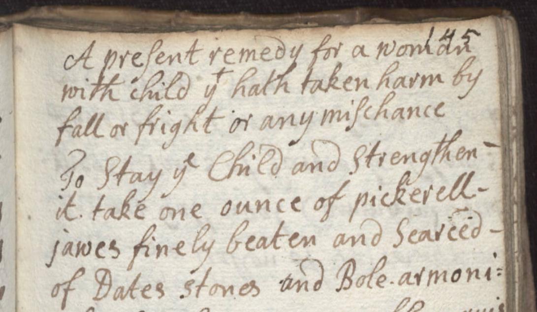 30,000th transcribed page: “Remedy for a woman with child taken harm by fall or fright or any mischance,” Francis Smith medical recipe book, 1704