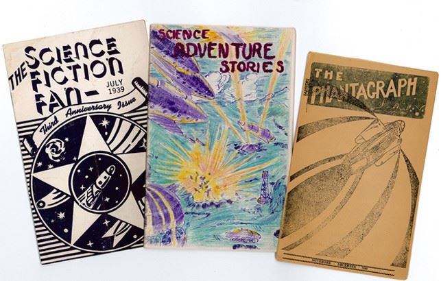 Selected fanzines from the Hevelin Collection, featuring hectographed and hand-colored covers and writing from early science fiction fans. Images courtesy of UI Libraries and Special Collections.