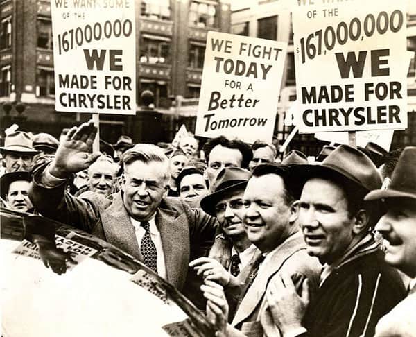 Henry Wallace with Chrysler workers, Detroit, Mich., 1950s
