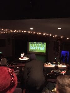 Patrisse Cullors speaking at the Englert Theatre on February 6, 2017.