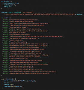 Picture of JavaScript code used to tell Timeline.js platform to sequence events in timeline through a non-chronological order.