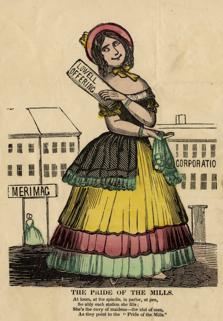 A cartoon of well dressed young woman holding the Lowell Offering and a bag of coins outside the "Merimac" Mills