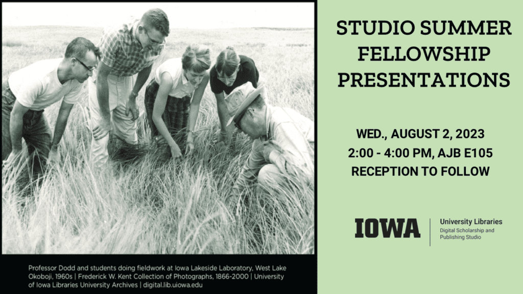 Studio Summer Fellowship Presentation. Image of students viewing a specimen in the field
