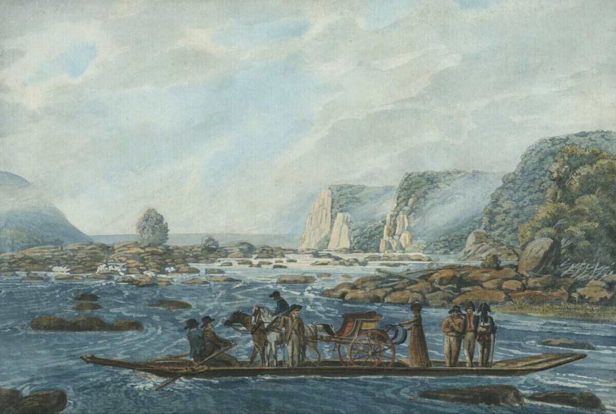 A painting showing individuals crossing a river